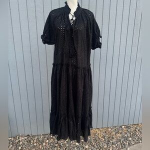 Black Eyelet Flounce Midi Dress